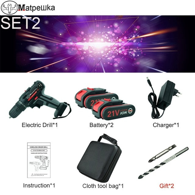 High Quality 21V Power Tools Home Cordless Electric Screwdriver Multi-Function Rechargeable Mini Electric Drill 2 Batteries+Gift