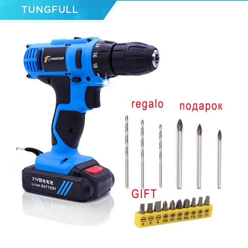 Tungfull Cordless Rechargeable Screwdriver Li ion Torque Drill Mini Electric Screwdriver Home Waterproof Power Tools Eu Plug 21V