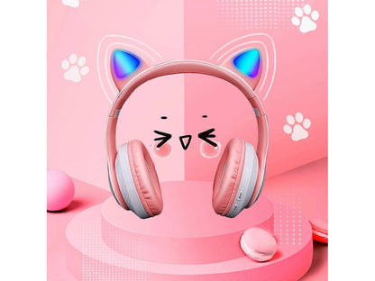 Bluetooth Headphones with Cat Ears, LED, and Removable Microphone