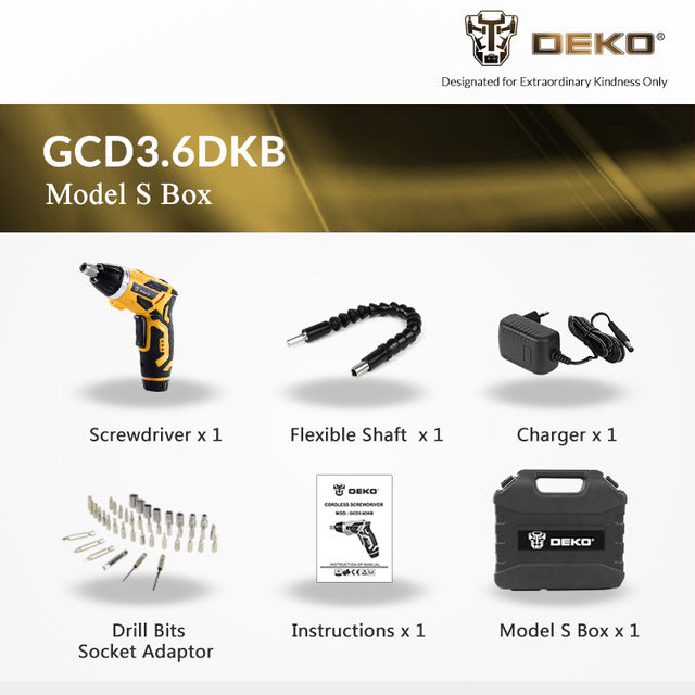 DEKO GCD3.6DKB Electric Screwdriver Cordless 4V Household Rechargeable Screwdriver with Twistable Handle & 45 Piece Accessories