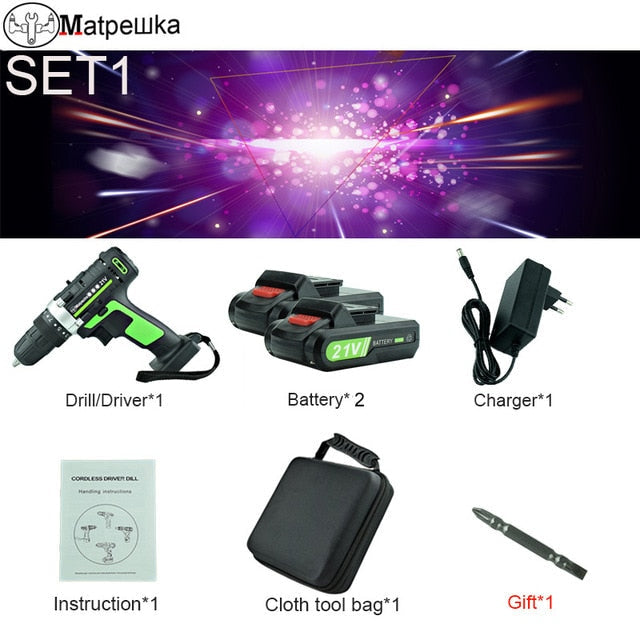 High Quality 21V Power Tools Home Cordless Electric Screwdriver Multi-Function Rechargeable Mini Electric Drill 2 Batteries+Gift