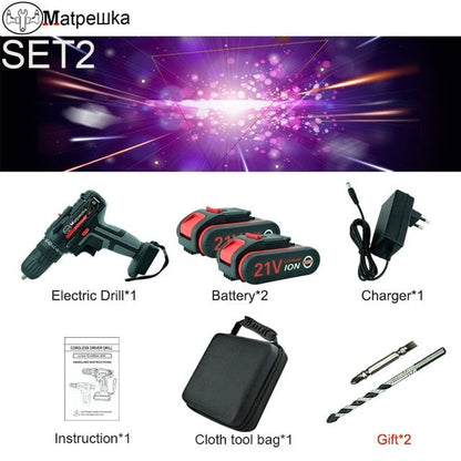 High Quality 21V Power Tools Home Cordless Electric Screwdriver Multi-Function Rechargeable Mini Electric Drill 2 Batteries+Gift