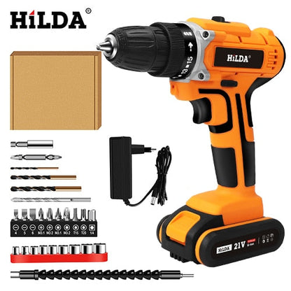 HILDA 21V Electric Drill With Rechargeable Lithium Battery Electric Screwdriver Cordless Screwdriver Two-speed Power Tools